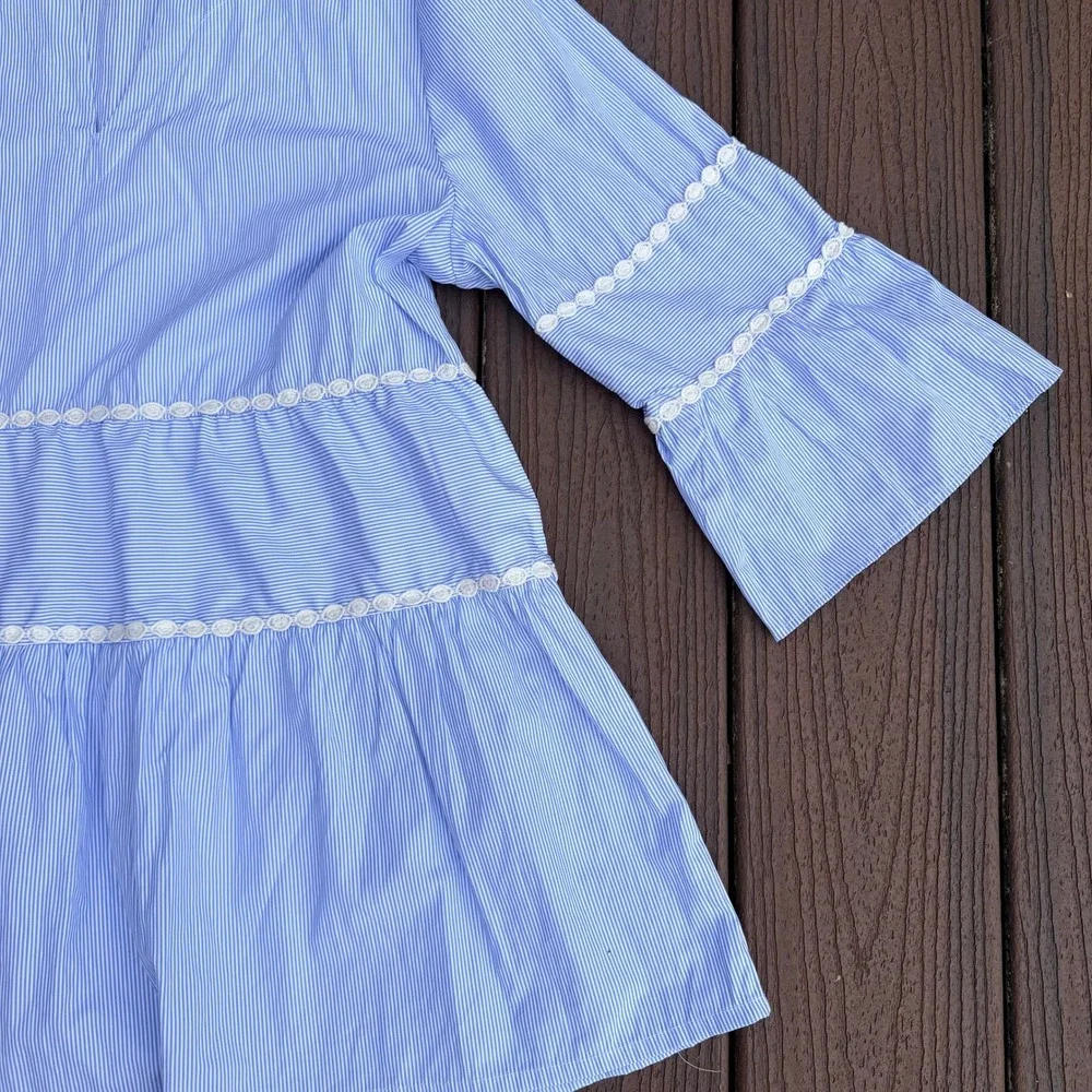 Bua Bua Blue White Pinstripe Tiered Babydoll Tunic Top Crochet Lace Trim Large